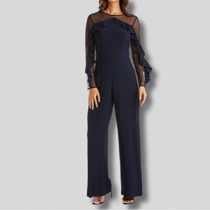 R&M Richards Navy Jumpsuit with Sheer Ruffle Sleeves